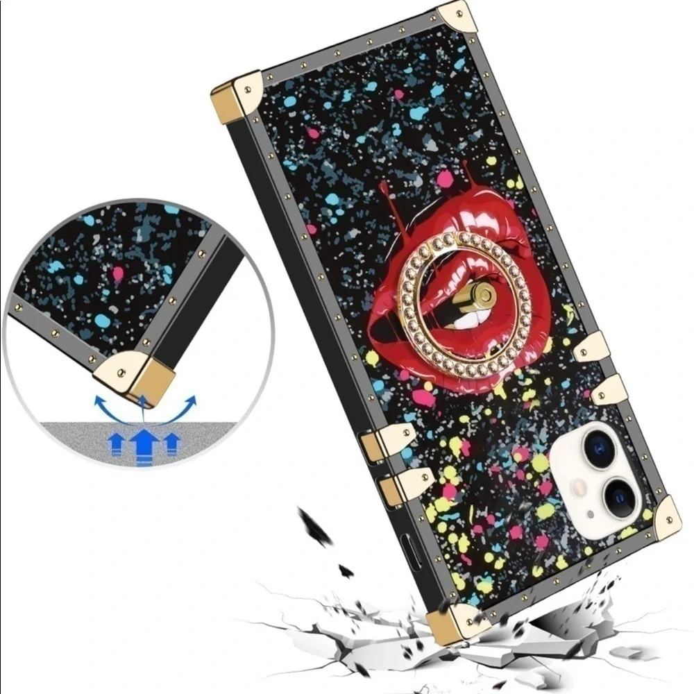 iPhone 11 Ultra Red Lips Kickstand Ring Holder Square Rivet Crystal Silicon Case